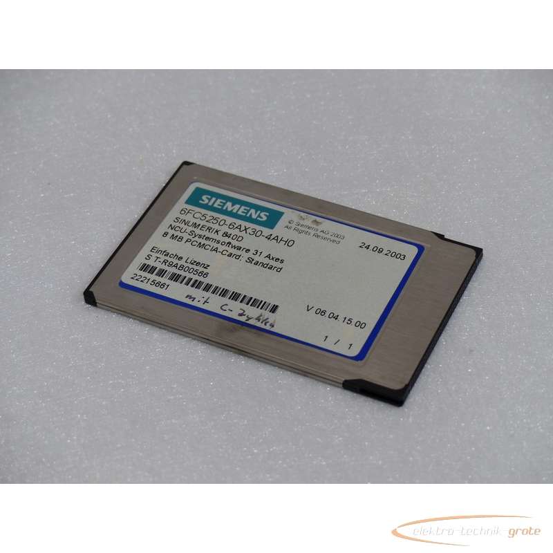 Серводвигатель Siemens 6FC5250-6AX30-4AH0 NCU-Systemsoftware 8 MB PCMCIA-Card SN:T-R9AB00566 фото на Industry-Pilot