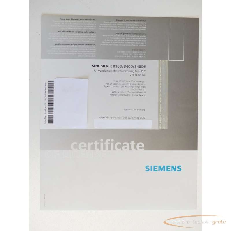 Серводвигатель Siemens 6FC5252-0AA03-0AA0 Softwarelizenz - без эксплуатации! - фото на Industry-Pilot