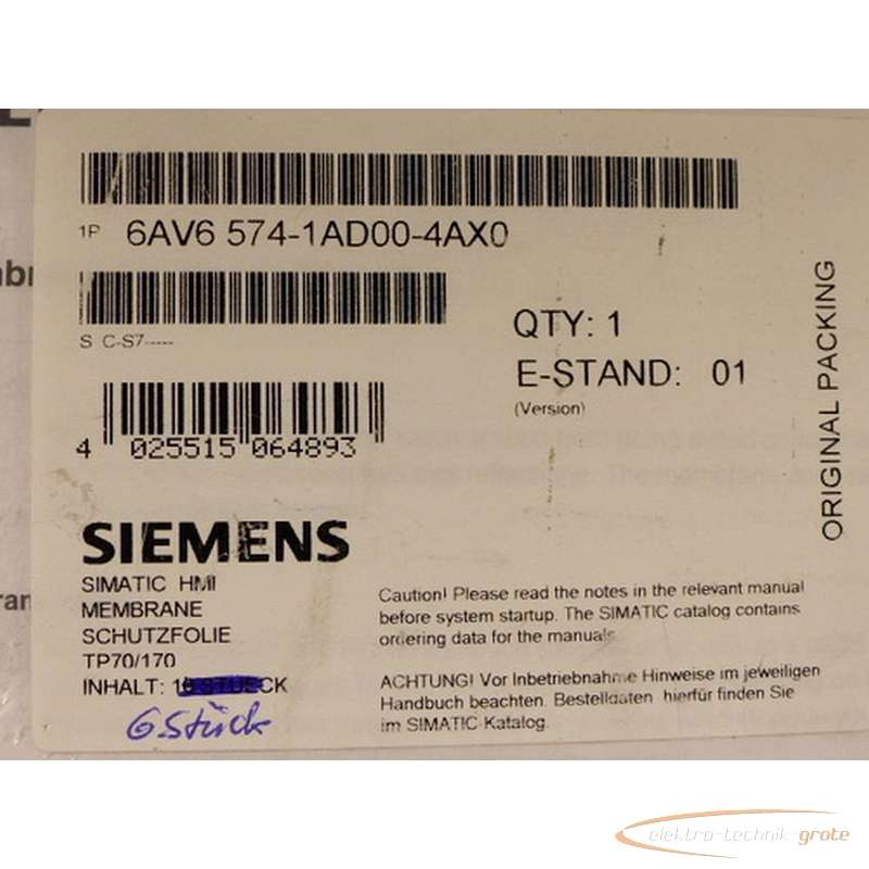 Серводвигатель Siemens 6AV6574-1AD00-4AX0 Membrane - Schutzfolie für TP70 E Stand 01 - без эксплуатации - VPE = 6 Stück фото на Industry-Pilot