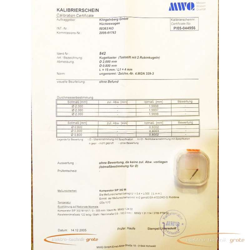 Измерительный щуп с шариком Messwelk Ø 2.0 - 0.8 mm L = 15 mm - без эксплуатации! - 38641-P 23C фото на Industry-Pilot