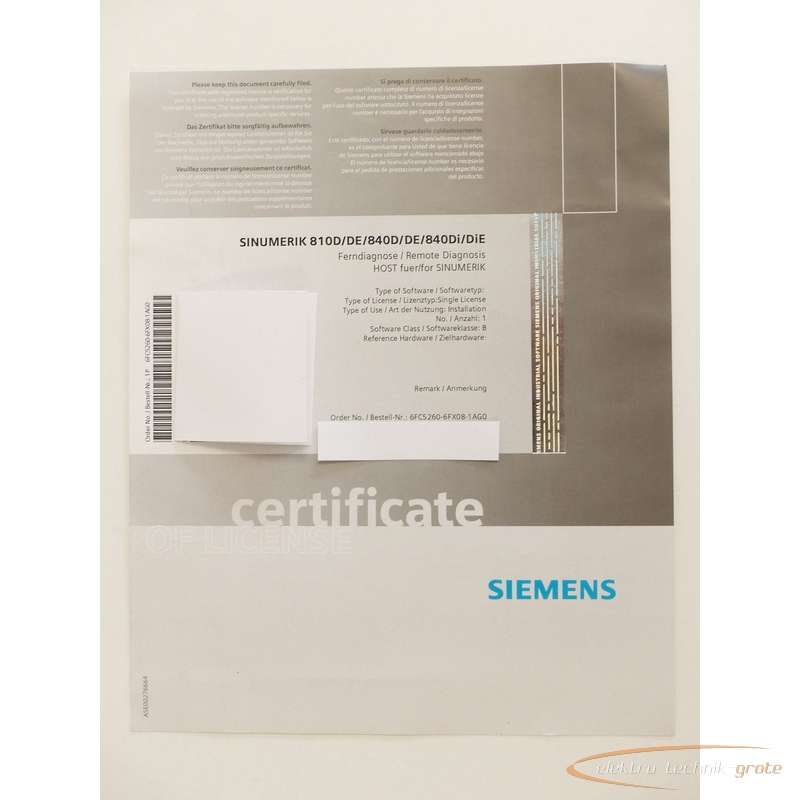 Серводвигатель Siemens 6FC5260-6FX08-1AG0 Softwarelizenz - без эксплуатации! - фото на Industry-Pilot