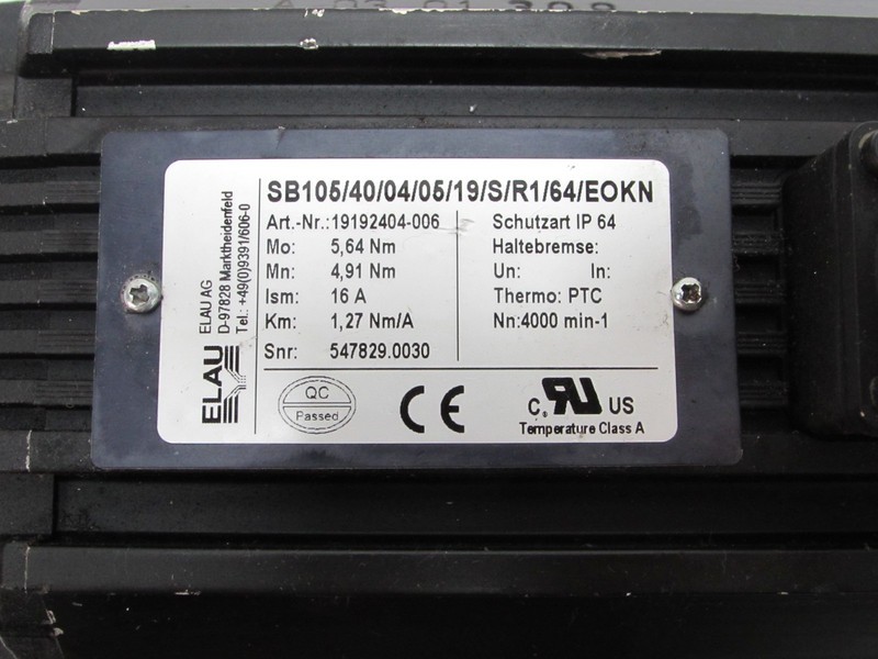 Серводвигатели Elau Servomotor SB105/40/04/05/19/S/R1/64/EOKN ID-No: 19192404-006 Top Zustand фото на Industry-Pilot