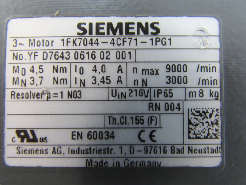  Siemens Servomotor 1FK7044-4CF71-1PG1 Nmax 9000/min Top Zustand TESTED الصورة على Industry-Pilot