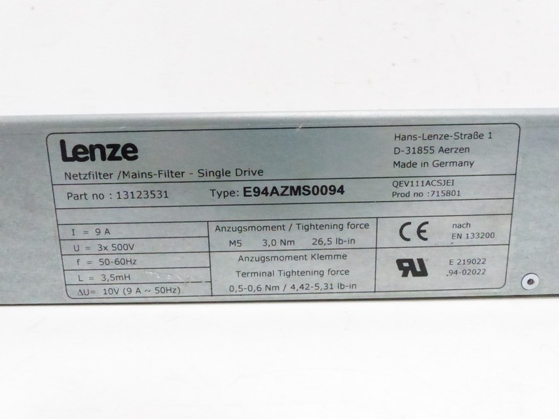 Frequency converter Lenze Netzfilter Mains-Filter-Single Drive E94AZMS0094 Part no. 13123531 TOP photo on Industry-Pilot