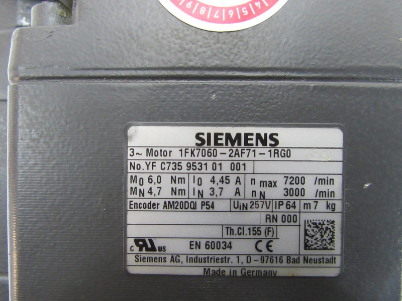 Серводвигатели Siemens Servomotor 1FK7060-2AF71-1RG0 4,45A 7200/min Tested Top Zustand фото на Industry-Pilot