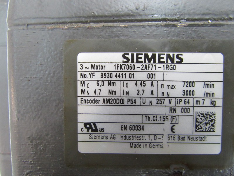 Серводвигатели Siemens Servomotor 1FK7060-2AF71-1RG0 4,45A 7200/min Tested фото на Industry-Pilot
