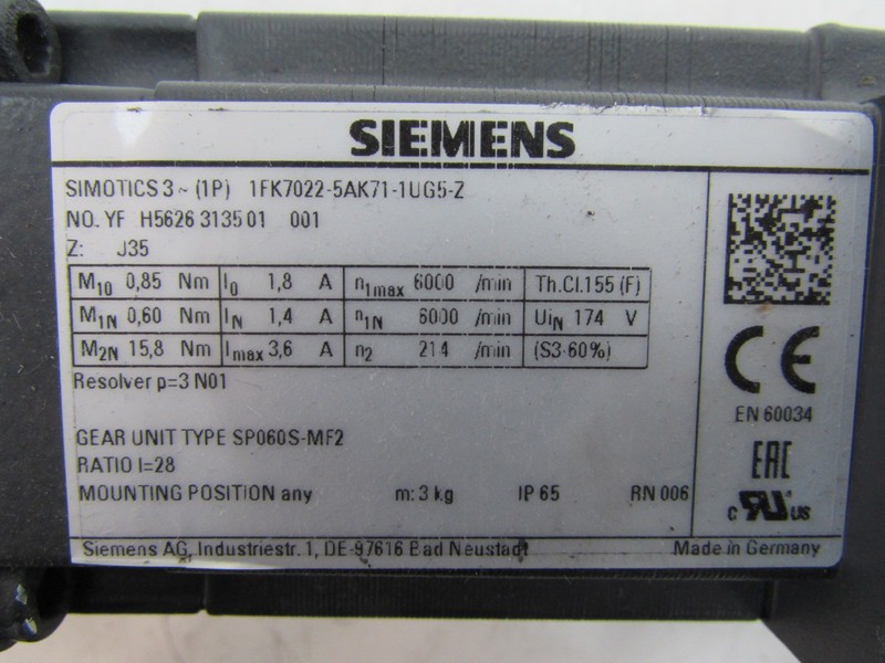  Siemens 1FK7022-5AK71-1UG5-Z Servomotor Ratio  I: 28 NEUWERTIG TESTED الصورة على Industry-Pilot