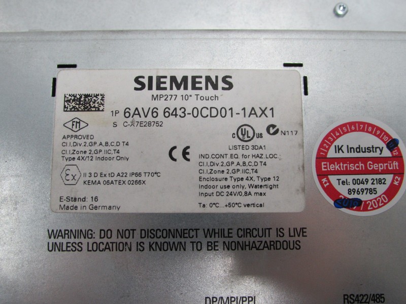 Operator Panel Siemens MP277 10"Touch 6AV6 643-0CD01-1AX1 6AV6643-0CD01-1AX1 E-St 16 TESTED TOP photo on Industry-Pilot