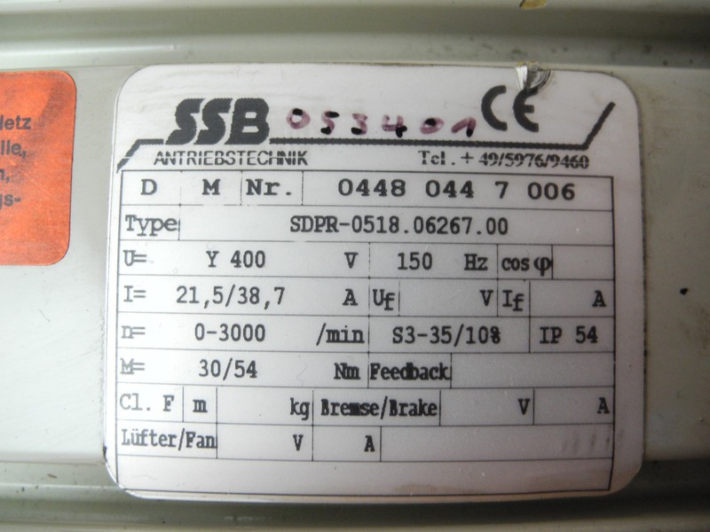 Серводвигатели SSB Antriebstechnik Servomotor SDPR-0518.06267.00 38,7A 3000/min Top Zustand фото на Industry-Pilot