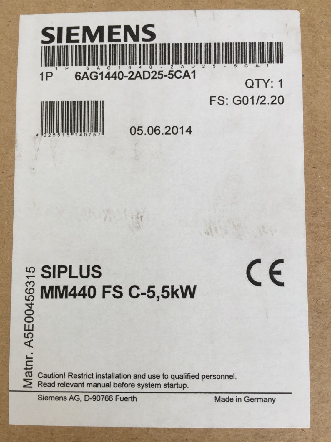  6AG1440-2AD25-5CA1 Siemens Siplus MM440 FS C 5,5kW Micromaster 440 3AC 380-480V photo on Industry-Pilot