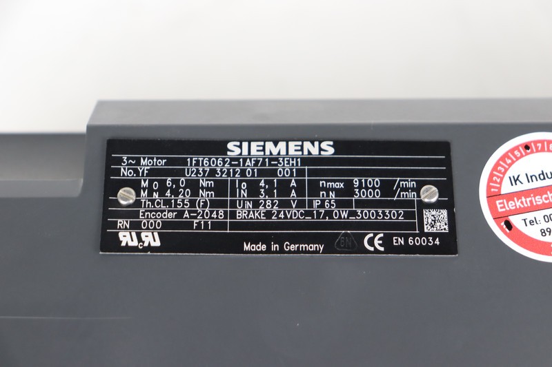 Серводвигатели Siemens Servomotor 1FT6062-1AF71-3EH1 TESTED UNUSED фото на Industry-Pilot