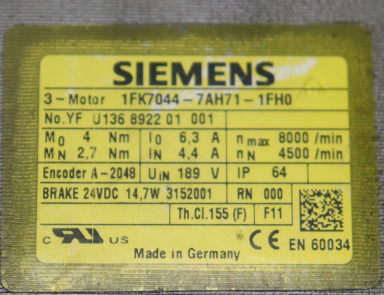 Серводвигатели Siemens Servomotor 1FK7044-7AH71-1FH0 1FK70447AH711FH0 TESTED NEUWERTIG фото на Industry-Pilot