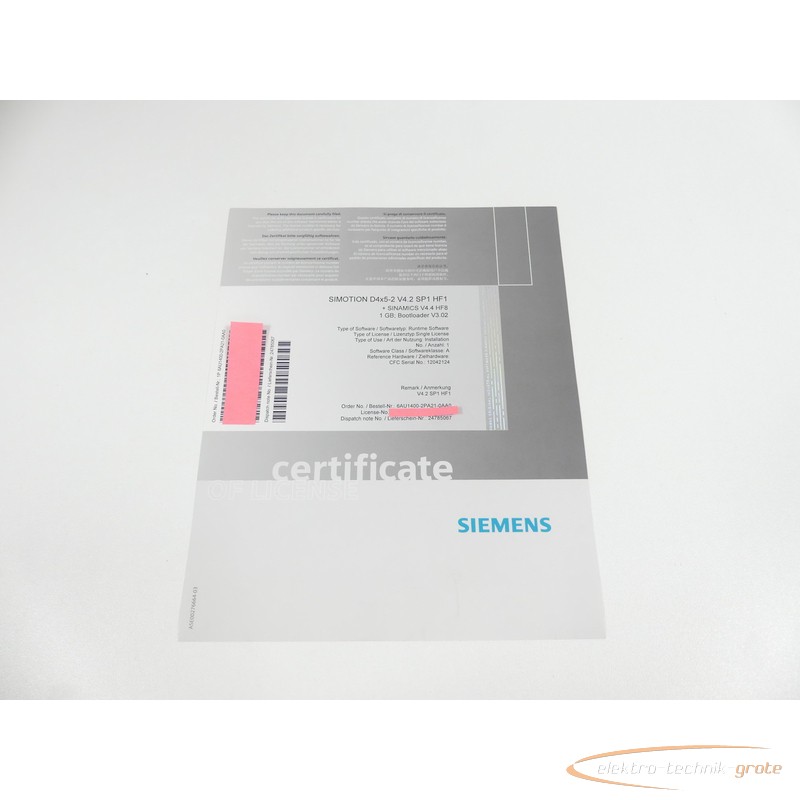  Siemens certificate 6AU1400-2PA21-0AA0 SIMOTION D4x5-2 V4.2 SP1 HF1 без эксплуатации фото на Industry-Pilot