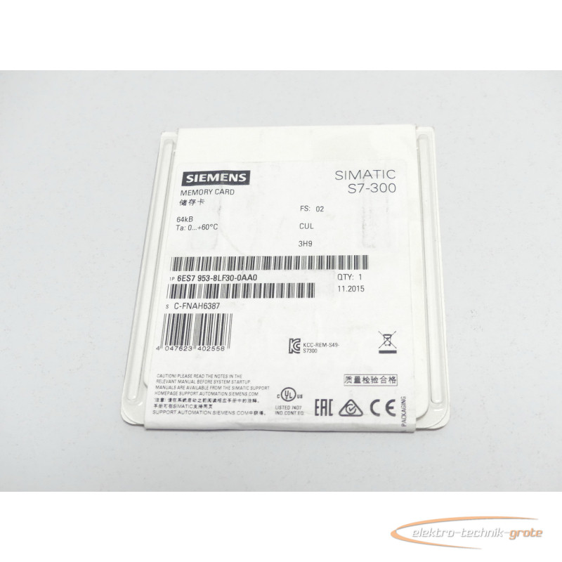  Siemens 6ES7953-8LF30-0AA0 Memory Card 64kB SN: C-FNAH6387 -ungebr.- фото на Industry-Pilot