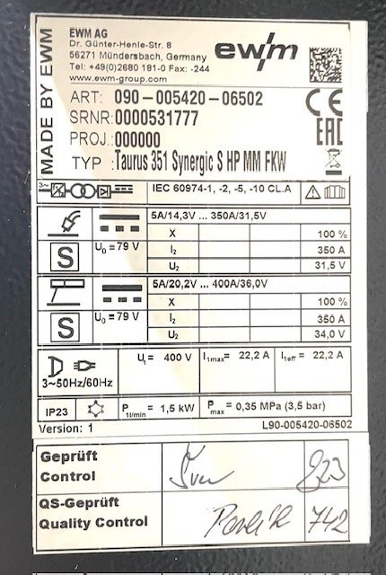 Welding unit EWM Taurus 351 Synergic S HP MM FK photo on Industry-Pilot