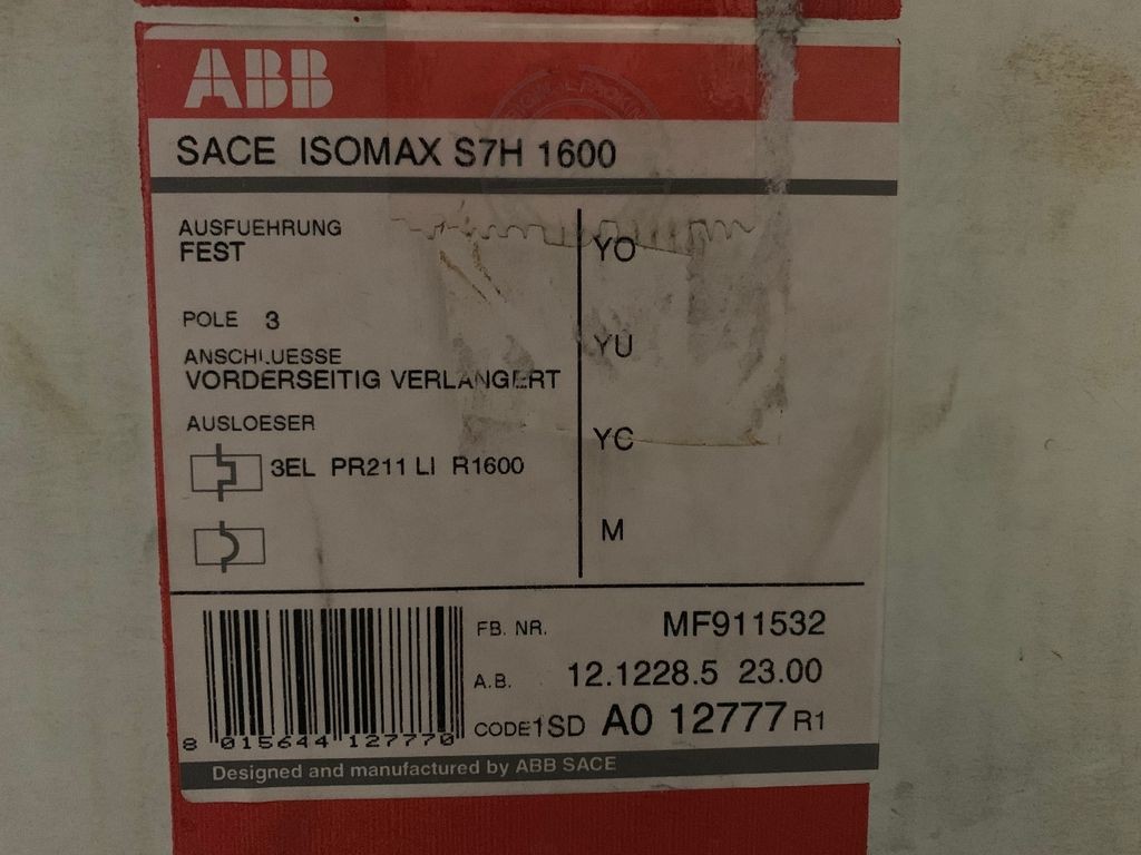 Защитный выключатель ABB SACE ISOMAX S7 H 1600 Überstromauslöser 1SDA012777R1 Leistungsschalter фото на Industry-Pilot